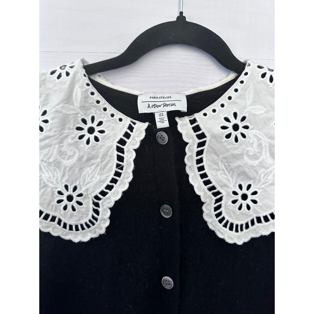 & Other Stories Paris Atelier Black Wool Alpaca Cardigan M Eyelet Lace Collar - Picture 7 of 9